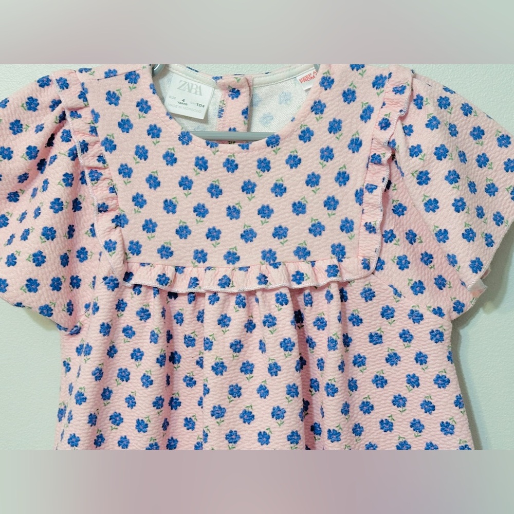 EUC Zara Pink Dress with Blue Floral Print and Ruffle Sleeves - Picture 7 of 8